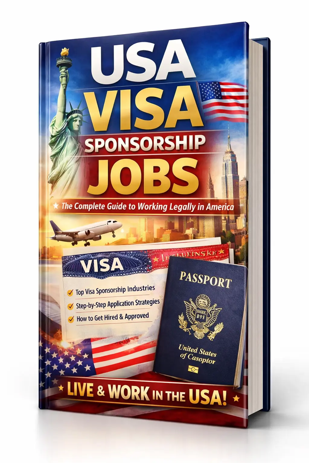Ebook cover showing USA visa sponsorship jobs guide for immigrants looking for work visa and sponsored employment in the United States