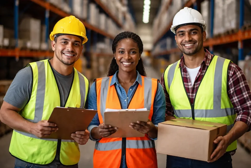 Diverse immigrant workers in a U.S. warehouse logistics job with visa sponsorship