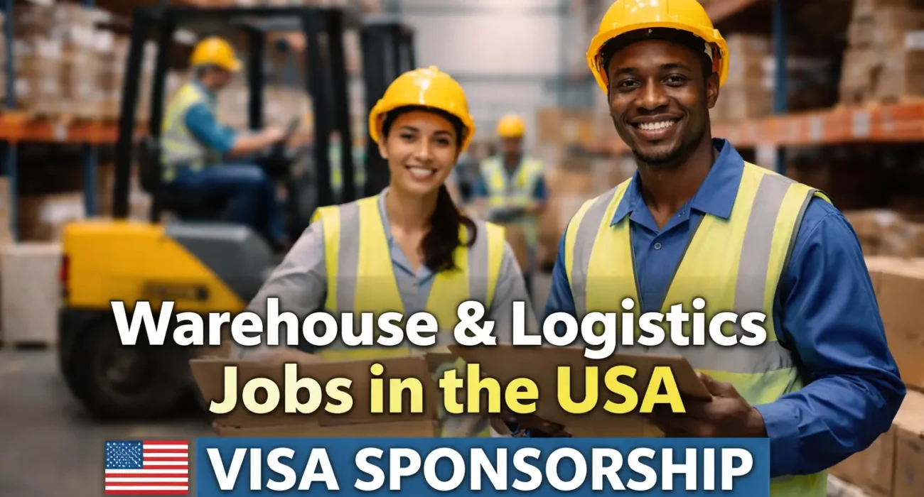 Immigrant warehouse workers in the USA working in a logistics center with visa sponsorship
