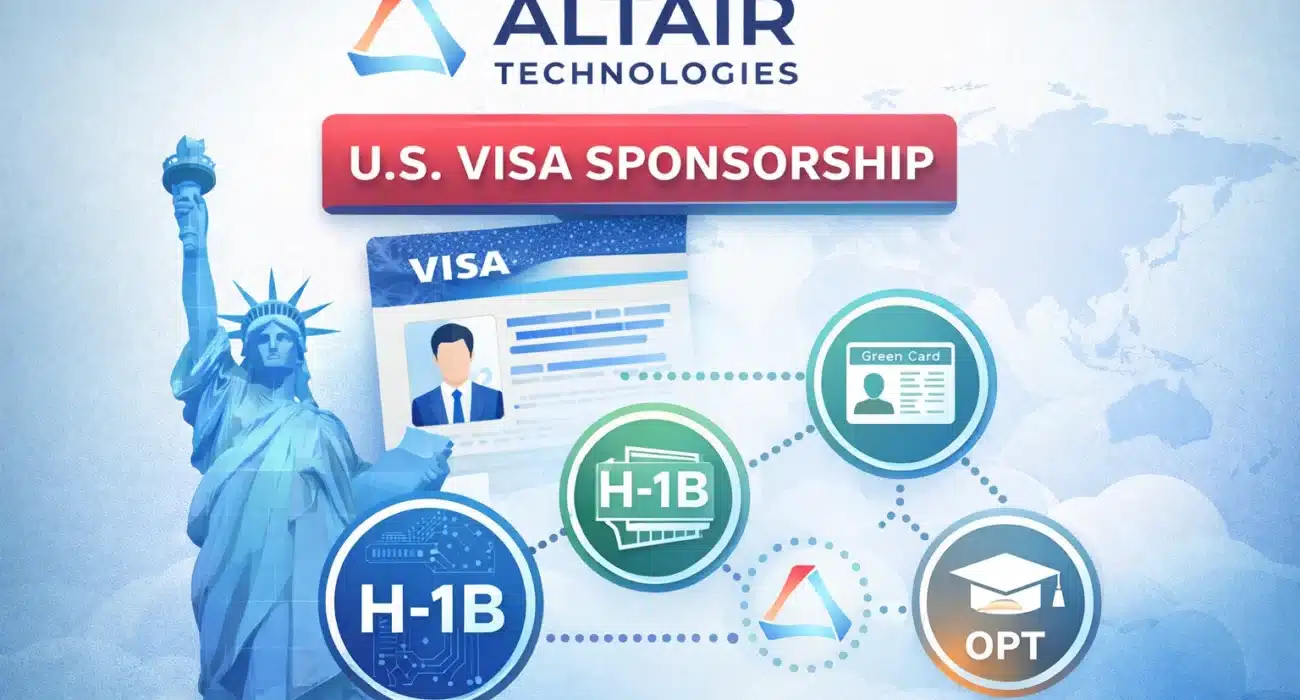 Altair Technologies U.S. visa sponsorship overview showing H-1B, Green Card, and OPT work visa options