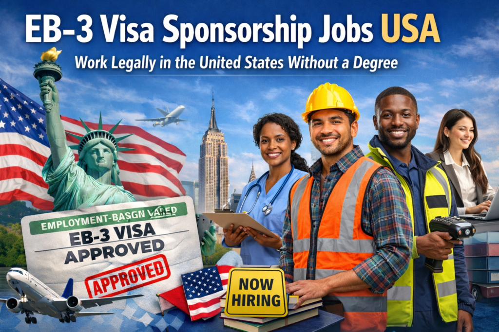 EB-3 visa sponsorship jobs USA showing foreign workers in healthcare, construction, warehouse, and office roles